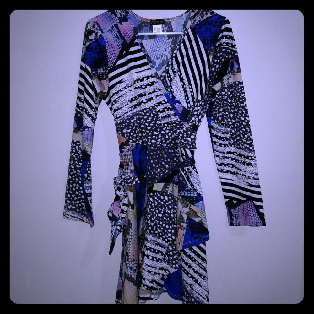 Pattern belted faux wrap dress